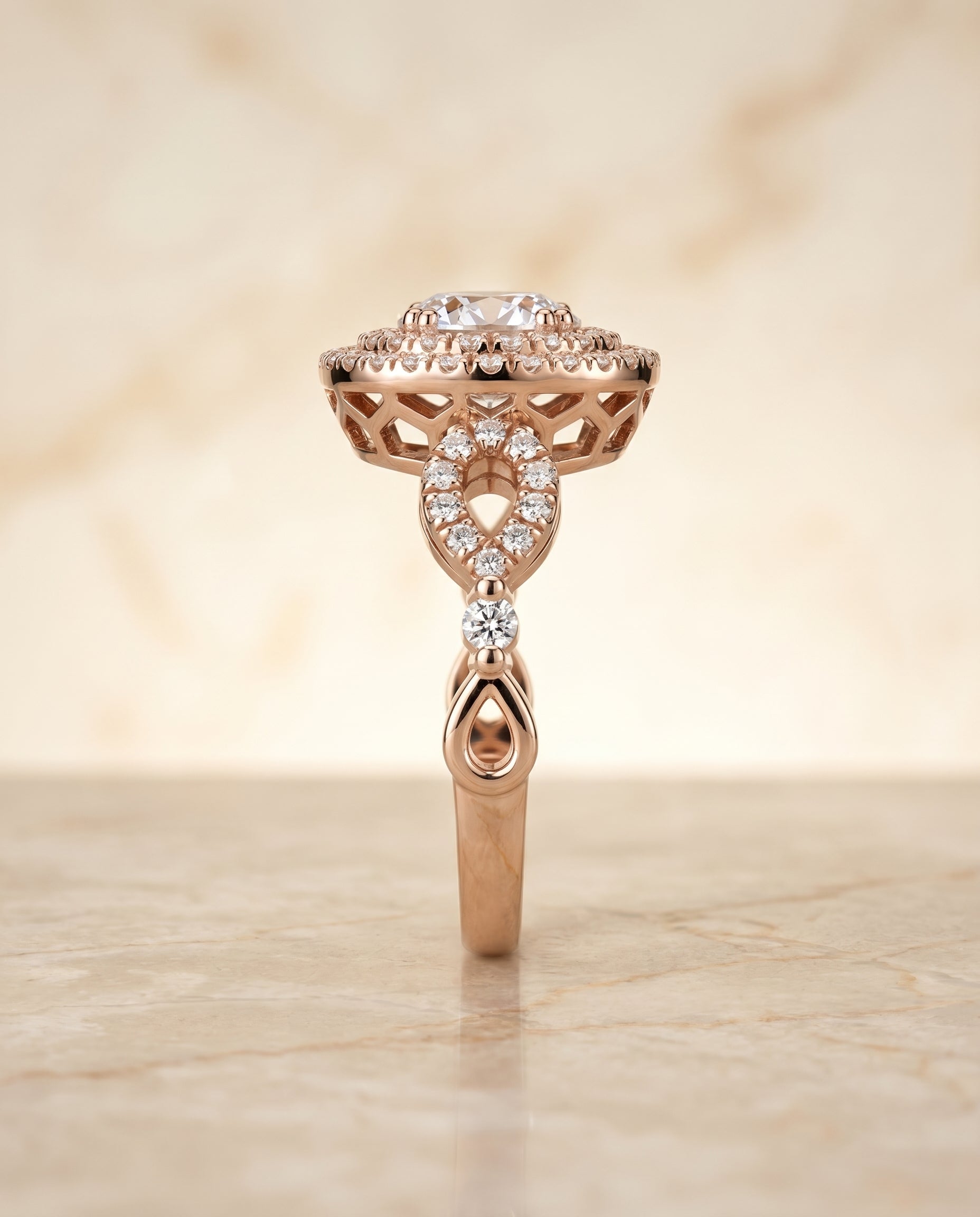 The Calypso double halo engagement ring setting, shown in 14K Rose Gold | RockHer