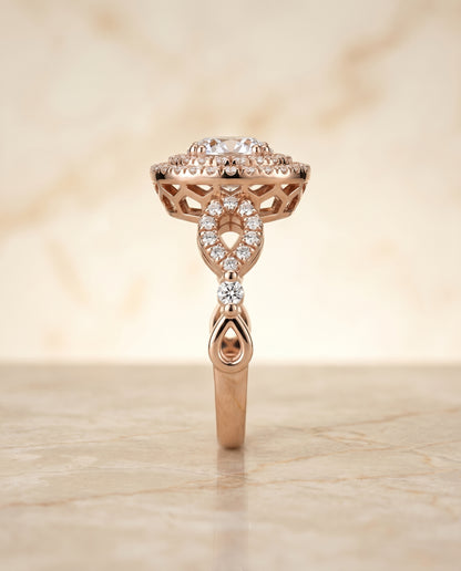 Round Brilliant, Open Side Double Halo, in 14K Rose Gold, pave setting – side profile | RockHer