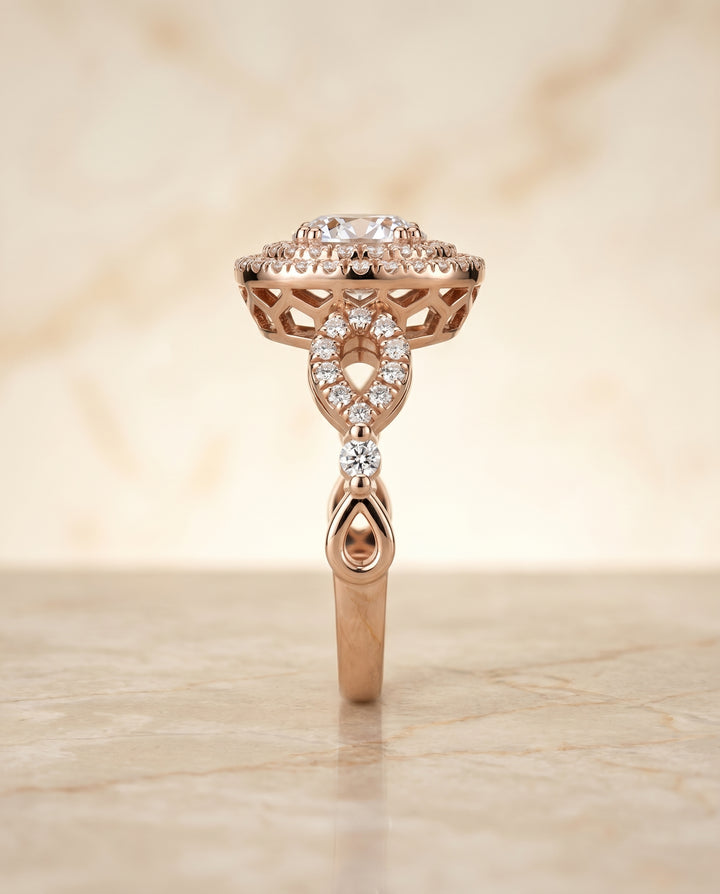 Round Brilliant, Open Side Double Halo, in 14K Rose Gold, pave setting – side profile | RockHer