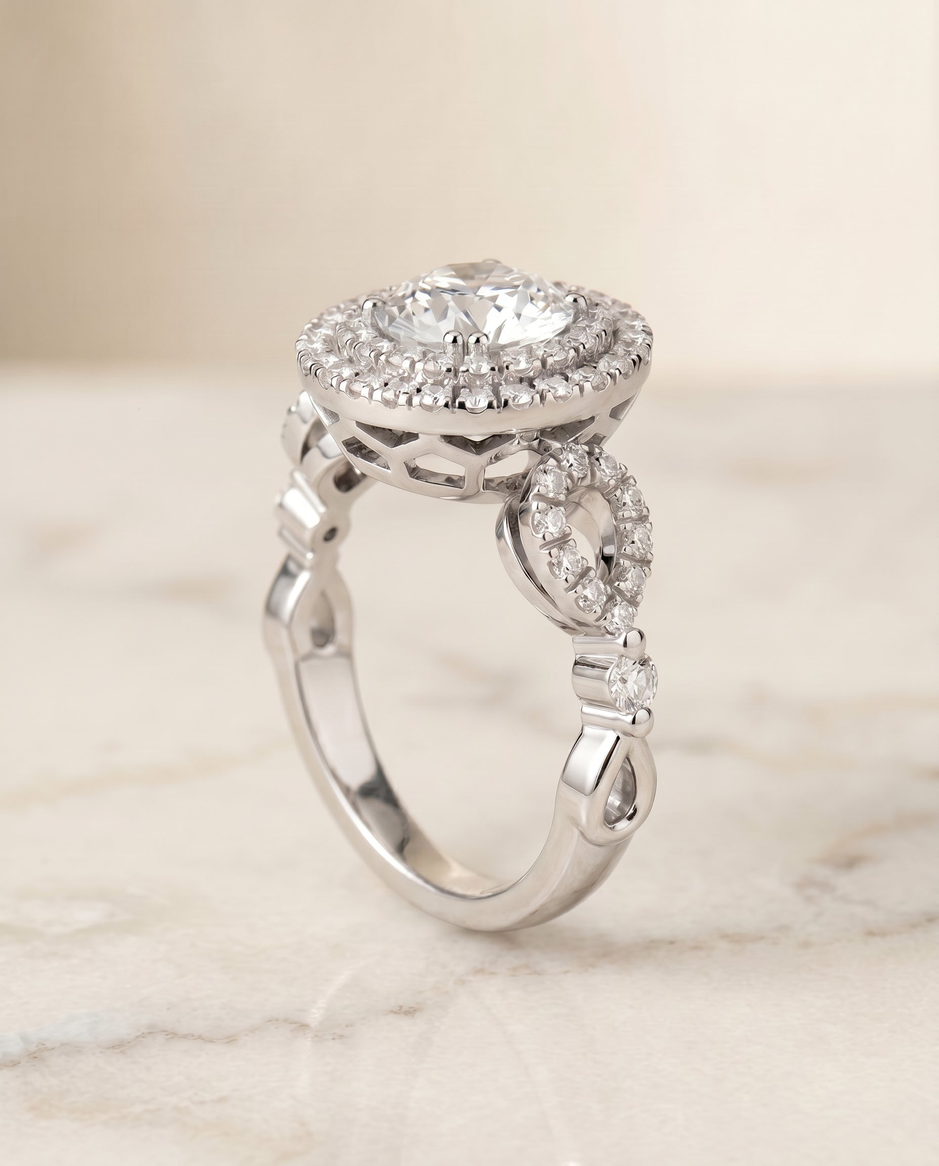 Calypso Select Double Halo Round Lab Diamond Engagement Ring in Platinum, alternate angle | RockHer