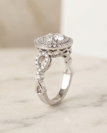 The Calypso Pavé Halo Engagement Ring Setting for Round Diamonds in Platinum | RockHer