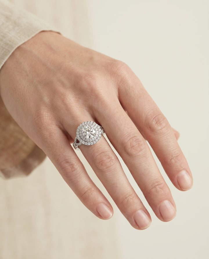 The Calypso Pavé Halo Engagement Ring Setting for Round Diamonds in Platinum