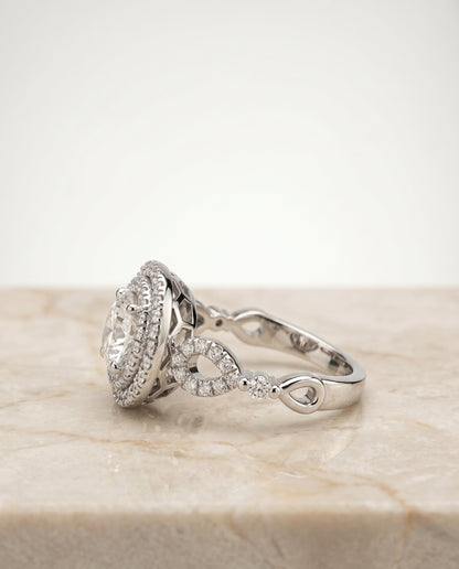 Calypso Select Double Halo Round Lab Diamond Engagement Ring in 18K White Gold, side view | RockHer