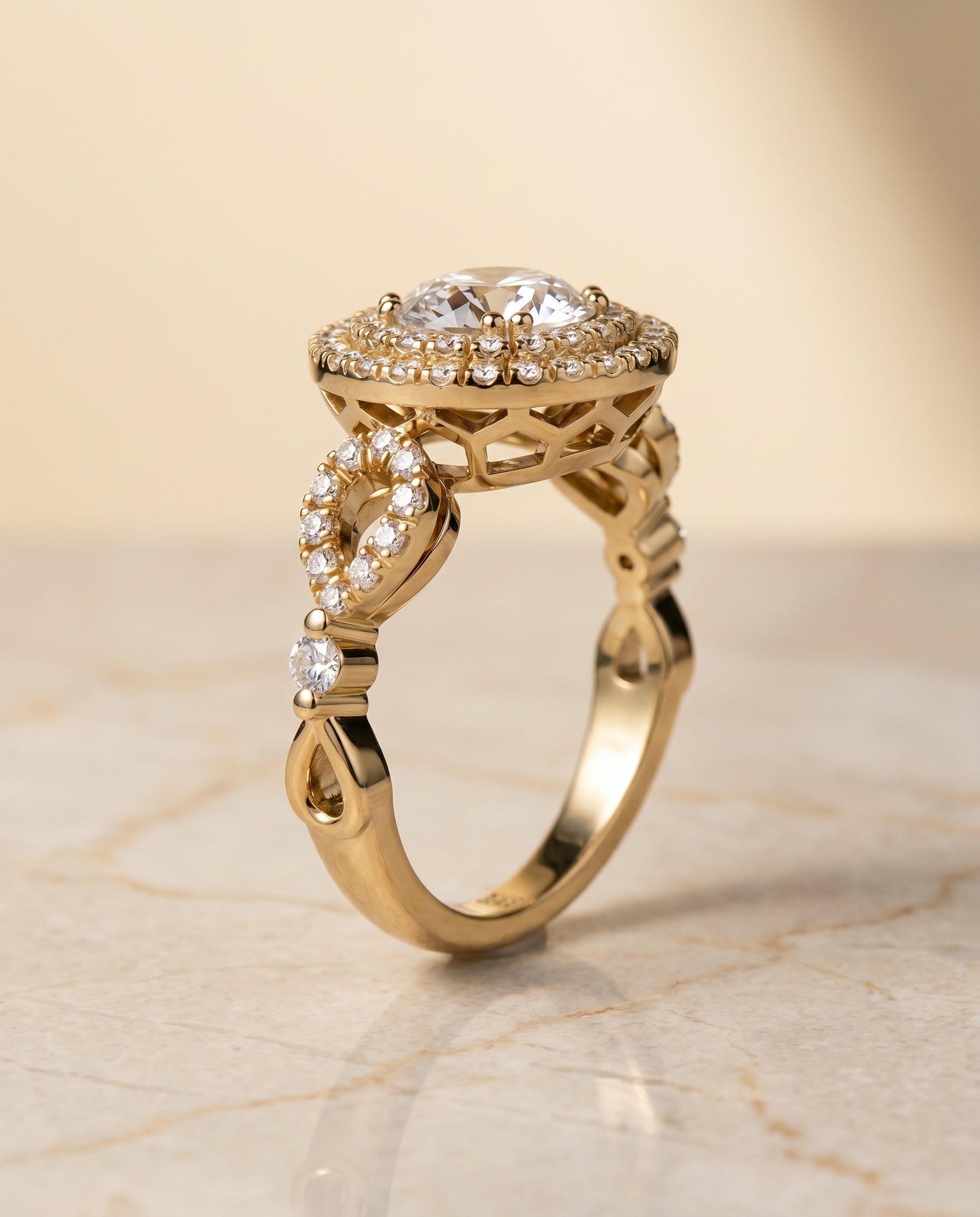 The Calypso double halo engagement ring setting, shown in 18K Yellow Gold | RockHer