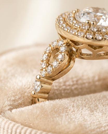 Calypso Select Double Halo Round Lab Diamond Engagement Ring in 14K Yellow Gold, detail view | RockHer