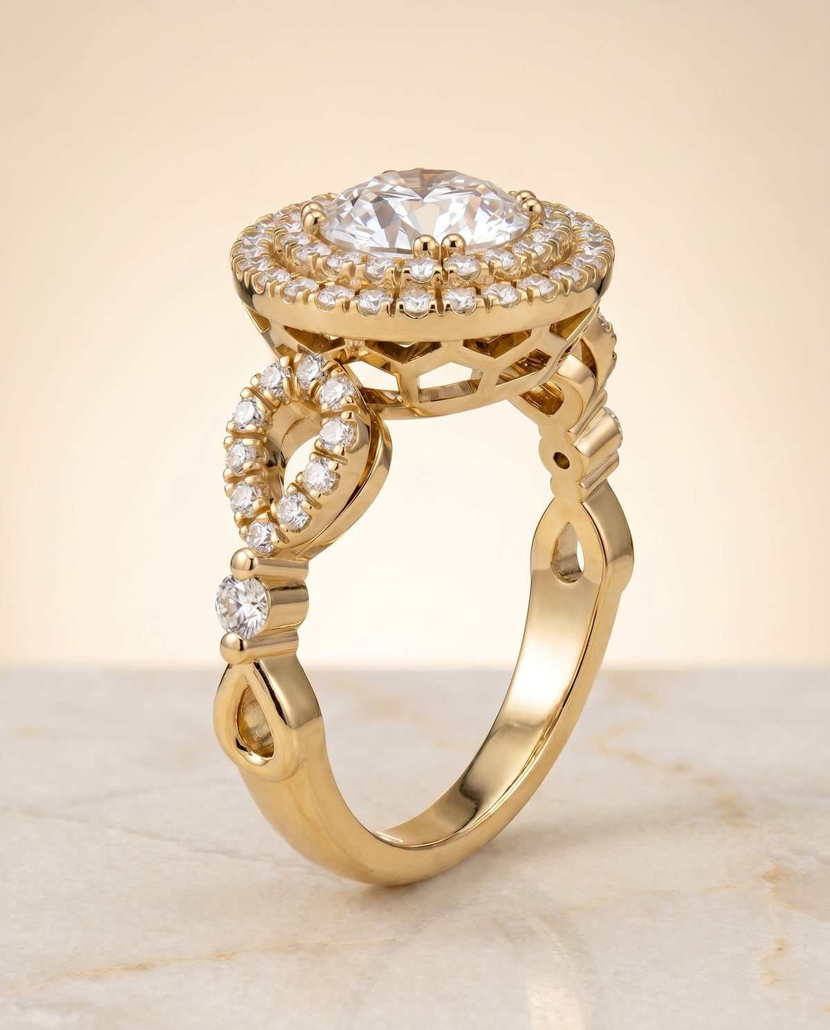 Calypso Select Double Halo Round Lab Diamond Engagement Ring in 18K Yellow Gold, front view | RockHer