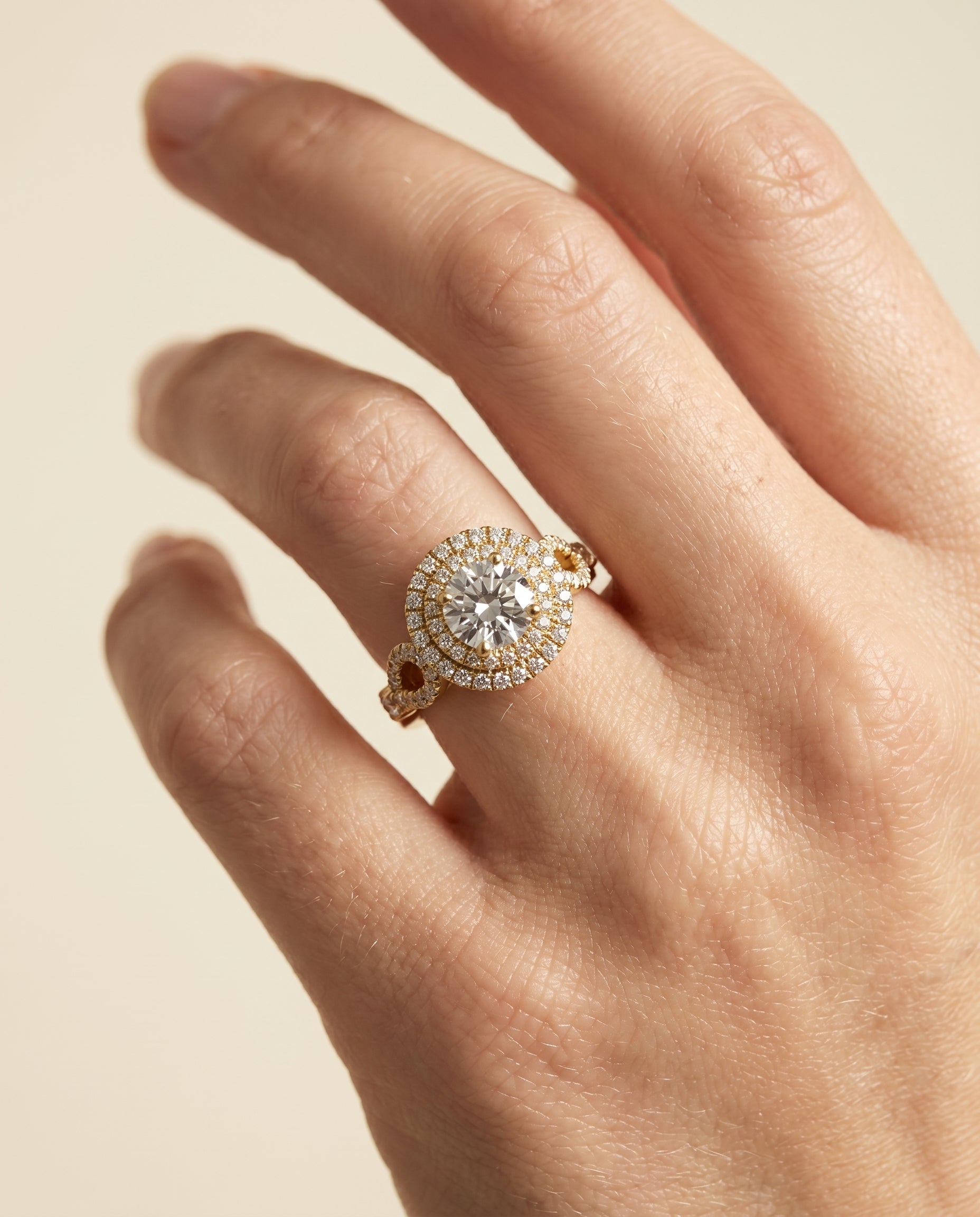 The Calypso engagement ring setting in 18K Yellow Gold, double halo design | RockHer