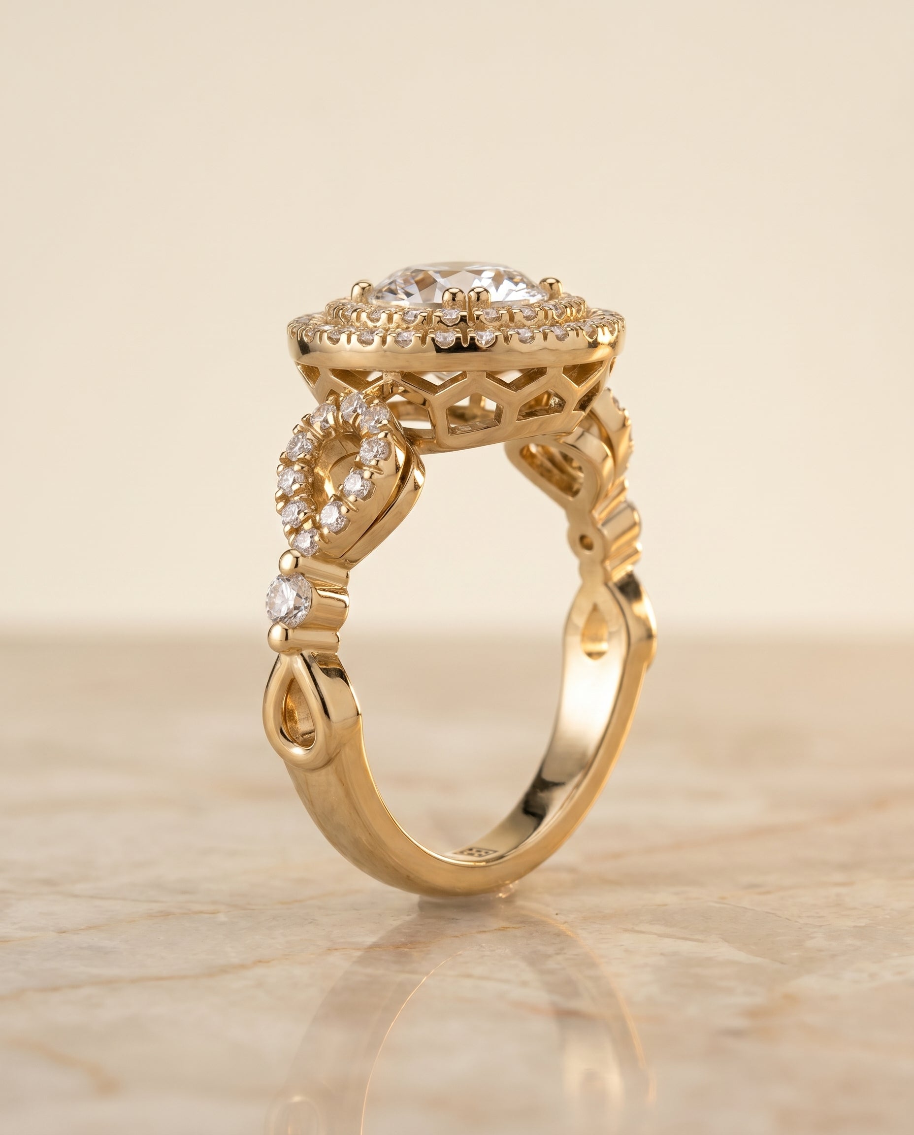 Calypso Select Double Halo Round Lab Diamond Engagement Ring in 18K Yellow Gold, side view | RockHer