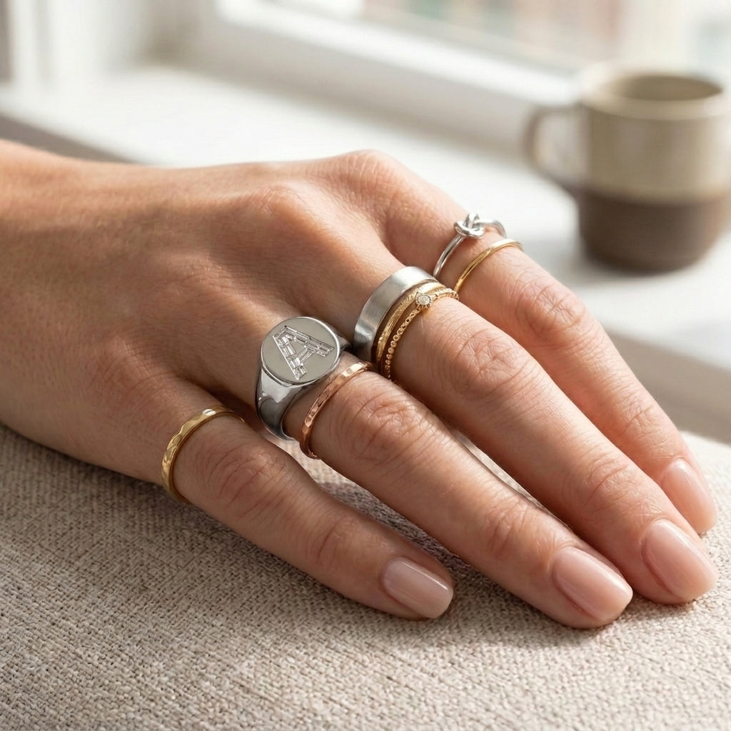 Women's Oval lab-grown diamond letter signet ring in Platinum, letter A, worn on hand