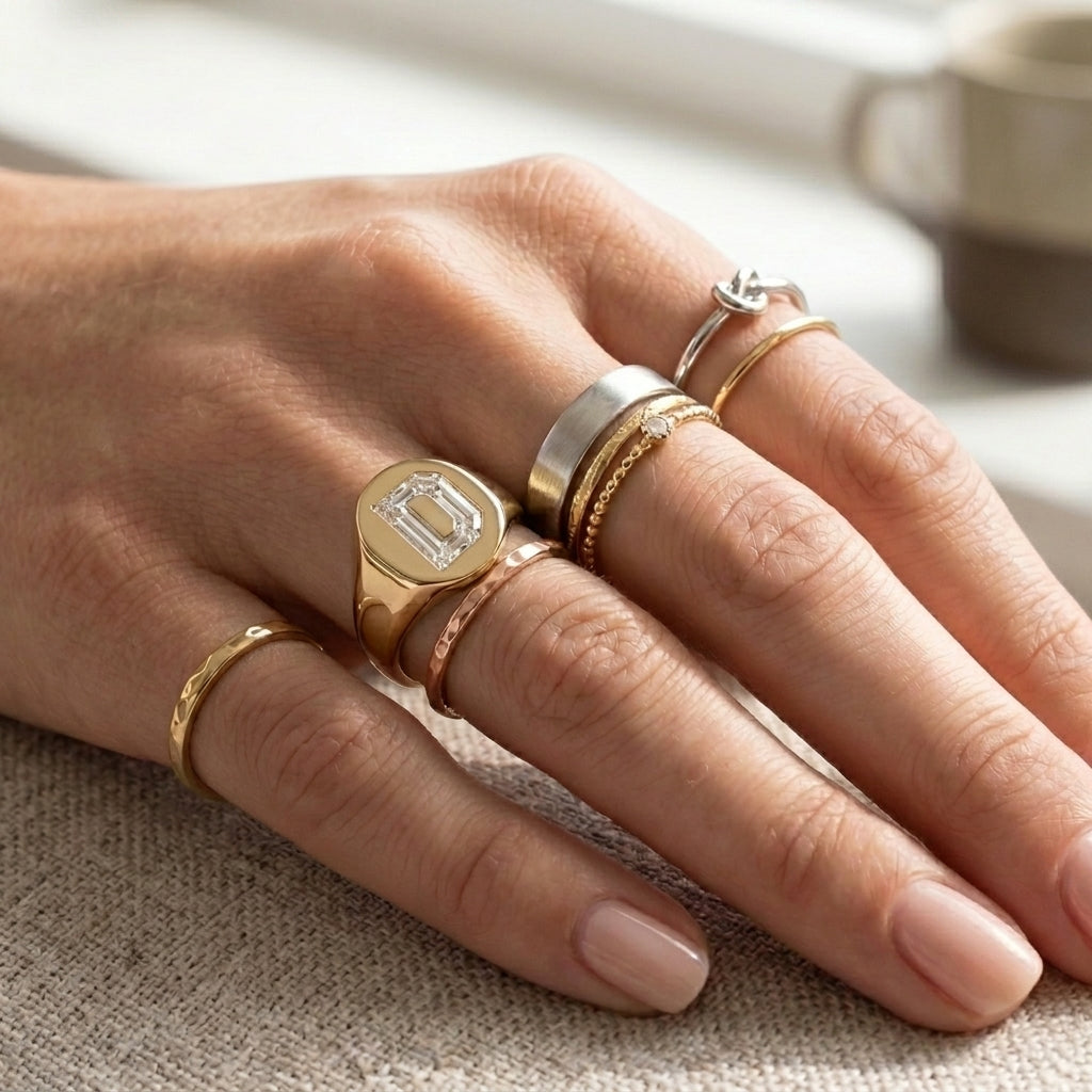 Women's Oval lab-grown diamond letter signet ring in 14K Yellow Gold, letter D, worn on hand