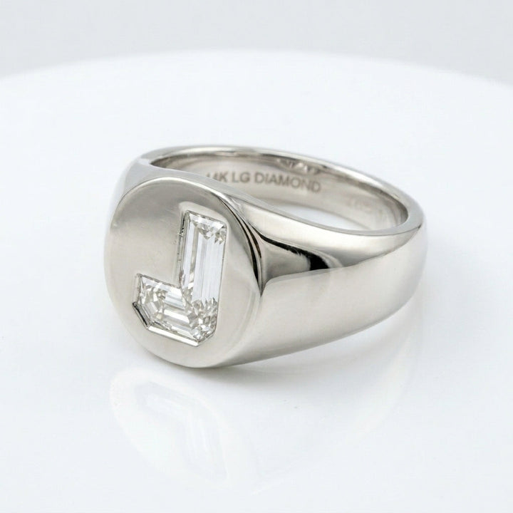 Women's Oval lab-grown diamond letter signet ring in 14K White Gold, letter J, product photography