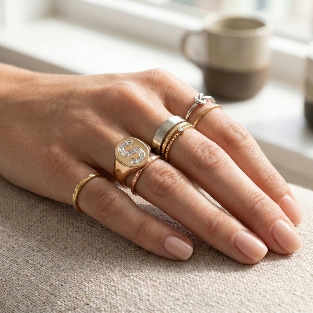 Women's Oval lab-grown diamond letter signet ring in 14K Rose Gold, letter S, worn on hand