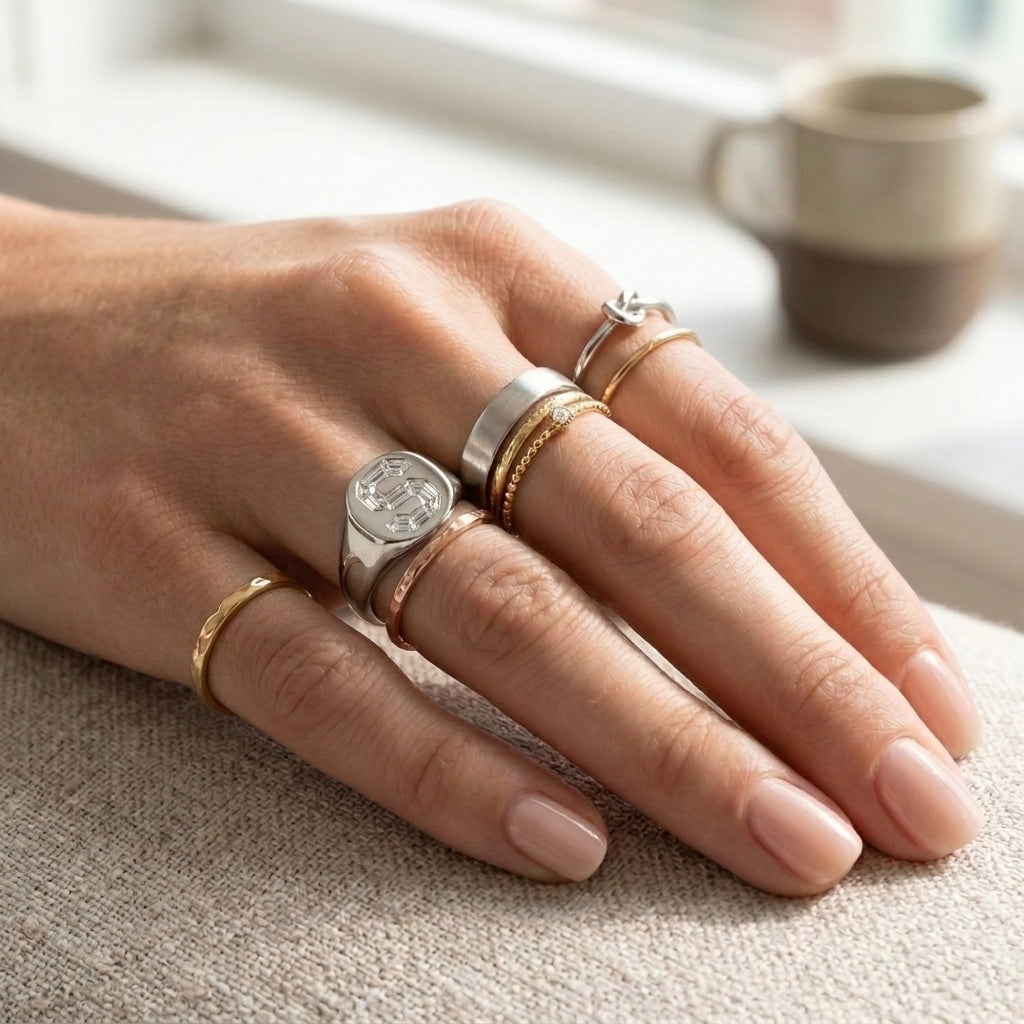 Women's Oval lab-grown diamond letter signet ring in 14K White Gold, letter S, worn on hand