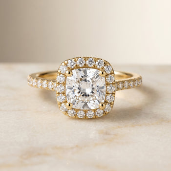 The Cosette Pavé Halo Cushion Cut Engagement Ring Setting in 18K Yellow Gold