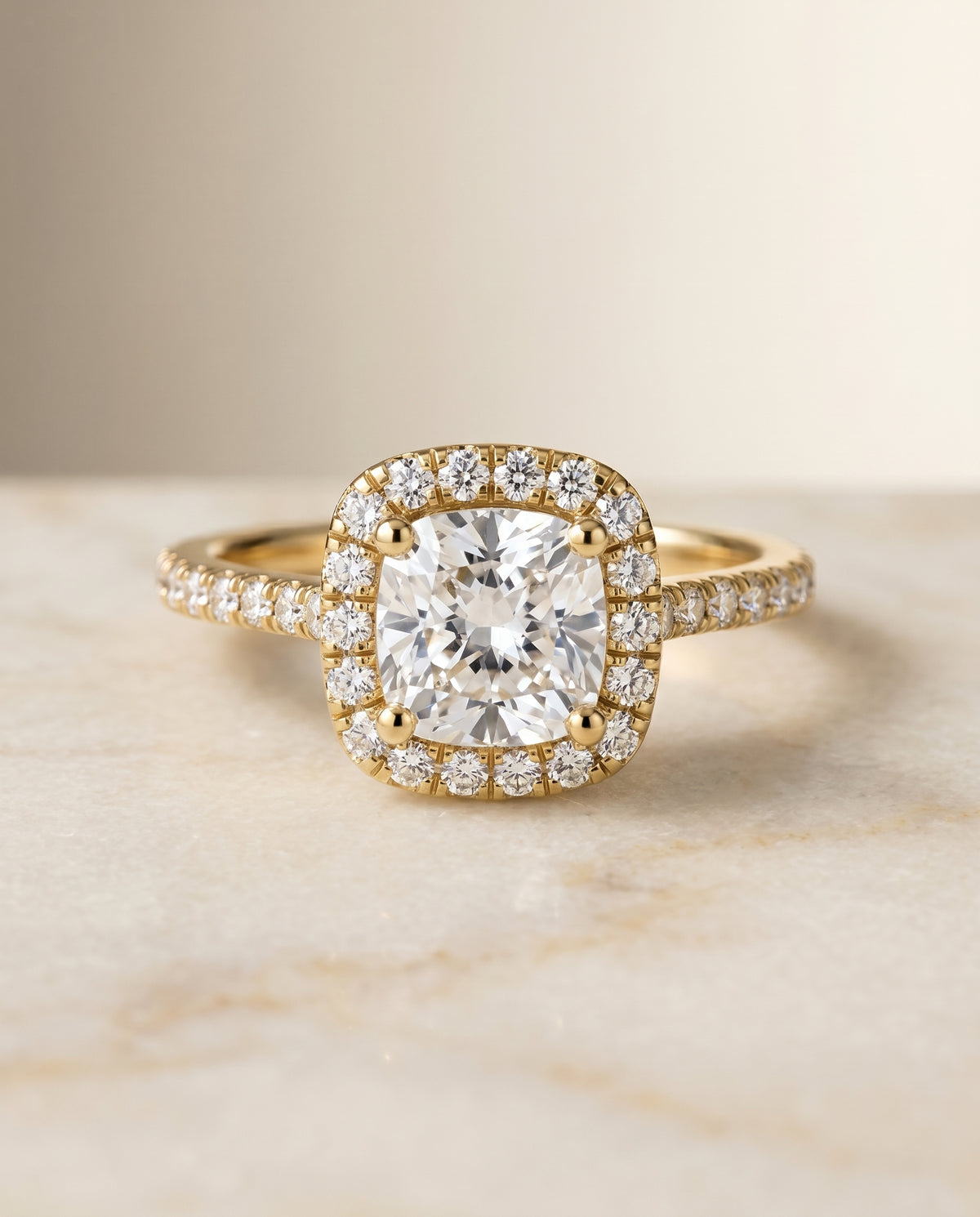 The Cosette Pavé Halo Engagement Ring Setting for Cushion Diamonds in 18K Yellow Gold | RockHer