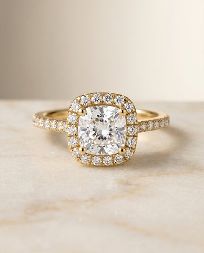 The Cosette Pavé Halo Engagement Ring Setting for Cushion Diamonds in 18K Yellow Gold | RockHer