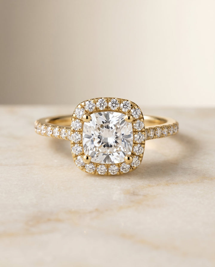 Cosette Select Pavé Halo Cushion Cut Lab Diamond Engagement Ring in 18K Yellow Gold, alternate angle | RockHer