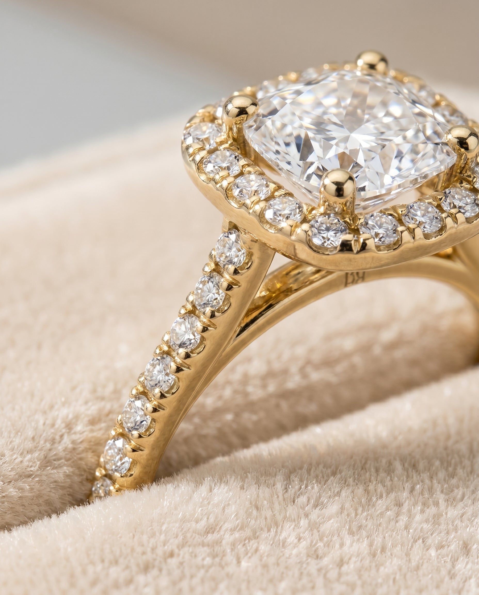 Cosette Select Pavé Halo Cushion Cut Lab Diamond Engagement Ring in 18K Yellow Gold, detail view | RockHer