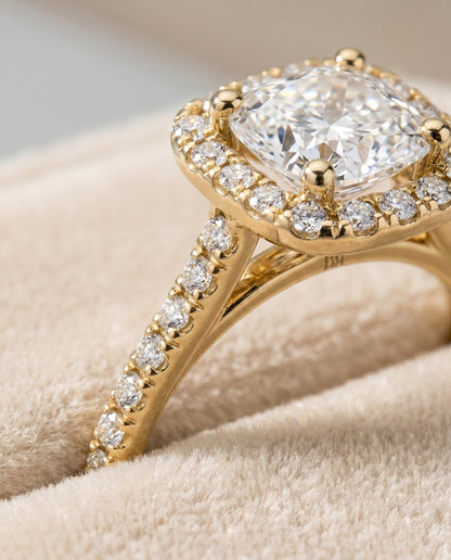 Cosette Select Pavé Halo Cushion Cut Lab Diamond Engagement Ring in 18K Yellow Gold, detail view | RockHer