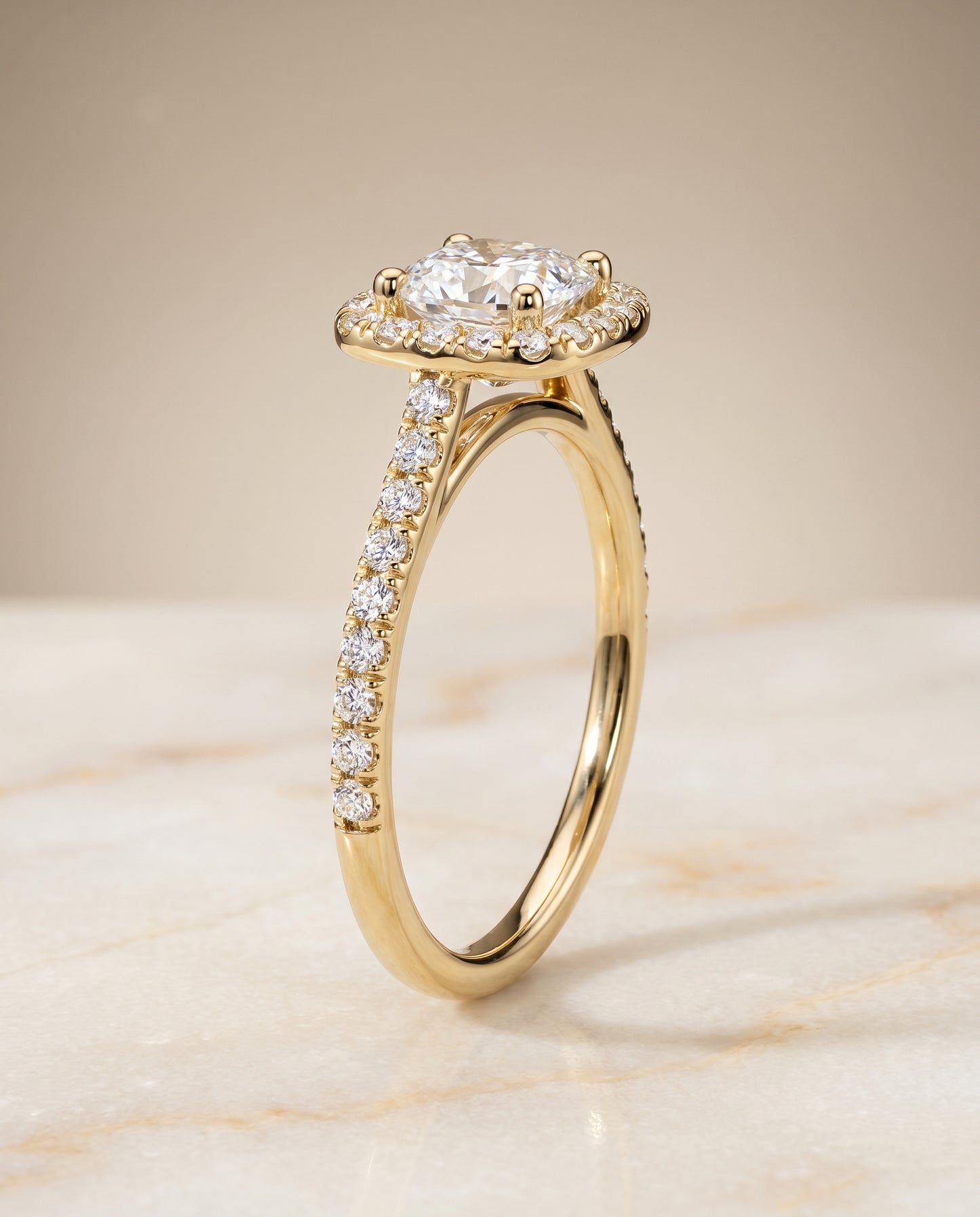 The Cosette Pavé Halo Engagement Ring Setting for Cushion Diamonds in 18K Yellow Gold