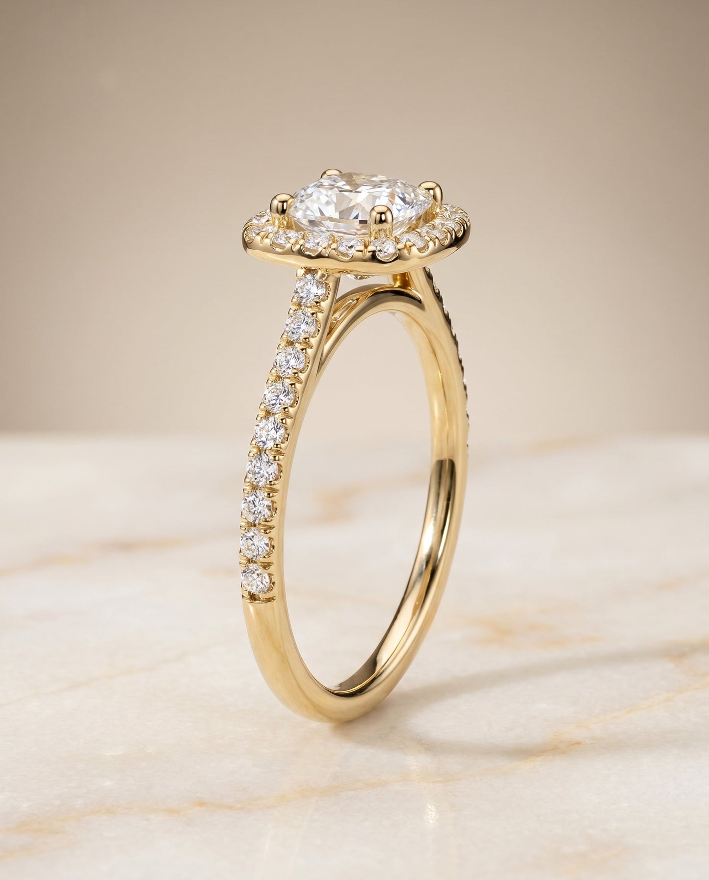 Cosette Select Pavé Halo Cushion Cut Lab Diamond Engagement Ring in 18K Yellow Gold, front view | RockHer
