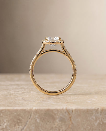 The Cosette Pavé Halo Cushion Cut Engagement Ring Setting in 18K Yellow Gold