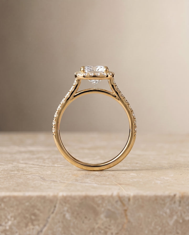 The Cosette Pavé Halo Engagement Ring Setting for Cushion Diamonds in 18K Yellow Gold