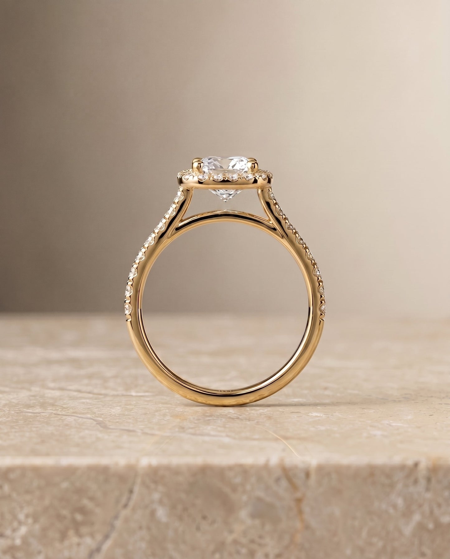 Cosette Select Pavé Halo Cushion Cut Lab Diamond Engagement Ring in 18K Yellow Gold, side view | RockHer