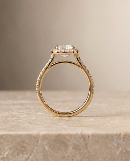 Cosette Select Pavé Halo Cushion Cut Lab Diamond Engagement Ring in 18K Yellow Gold, side view | RockHer