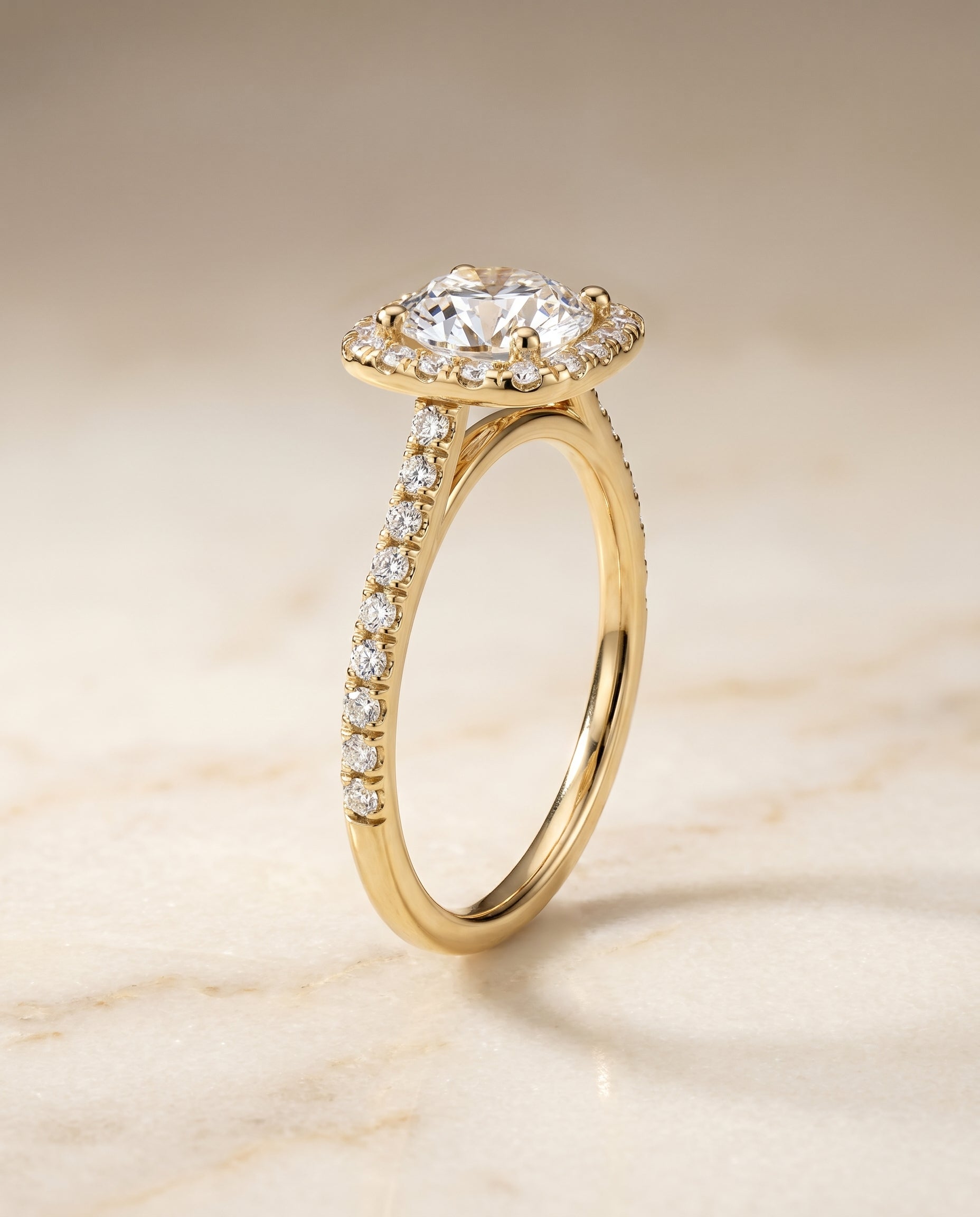 Cosette Select Pavé Halo Round Lab Diamond Engagement Ring in 18K Yellow Gold, alternate angle | RockHer