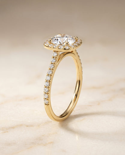 Cosette Select Pavé Halo Round Lab Diamond Engagement Ring in 18K Yellow Gold, alternate angle | RockHer