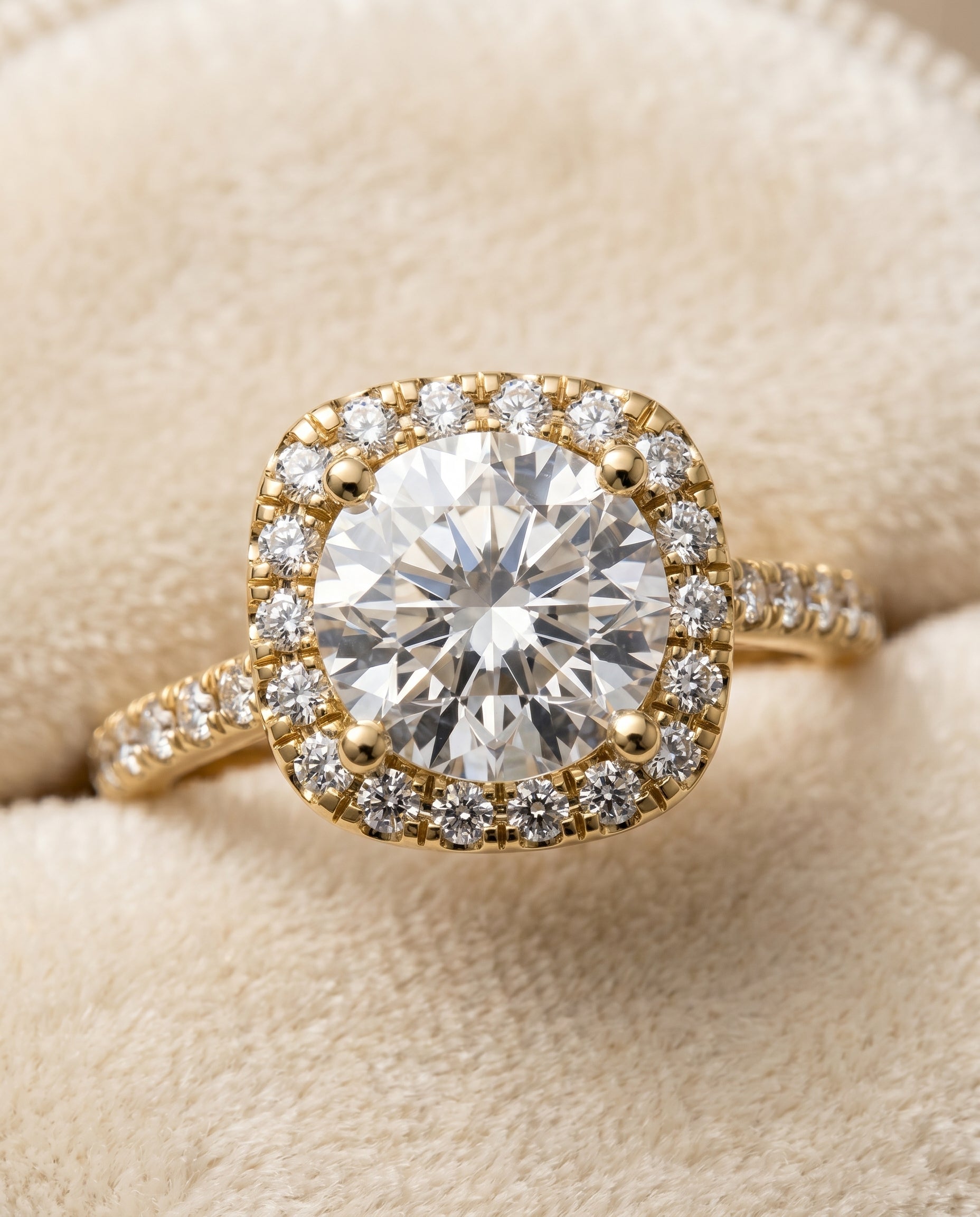 Cosette Select Pavé Halo Round Lab Diamond Engagement Ring in 18K Yellow Gold, detail view | RockHer