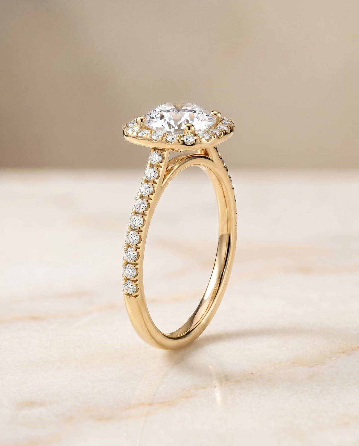 Cosette Select Pavé Halo Round Lab Diamond Engagement Ring in 18K Yellow Gold, front view | RockHer