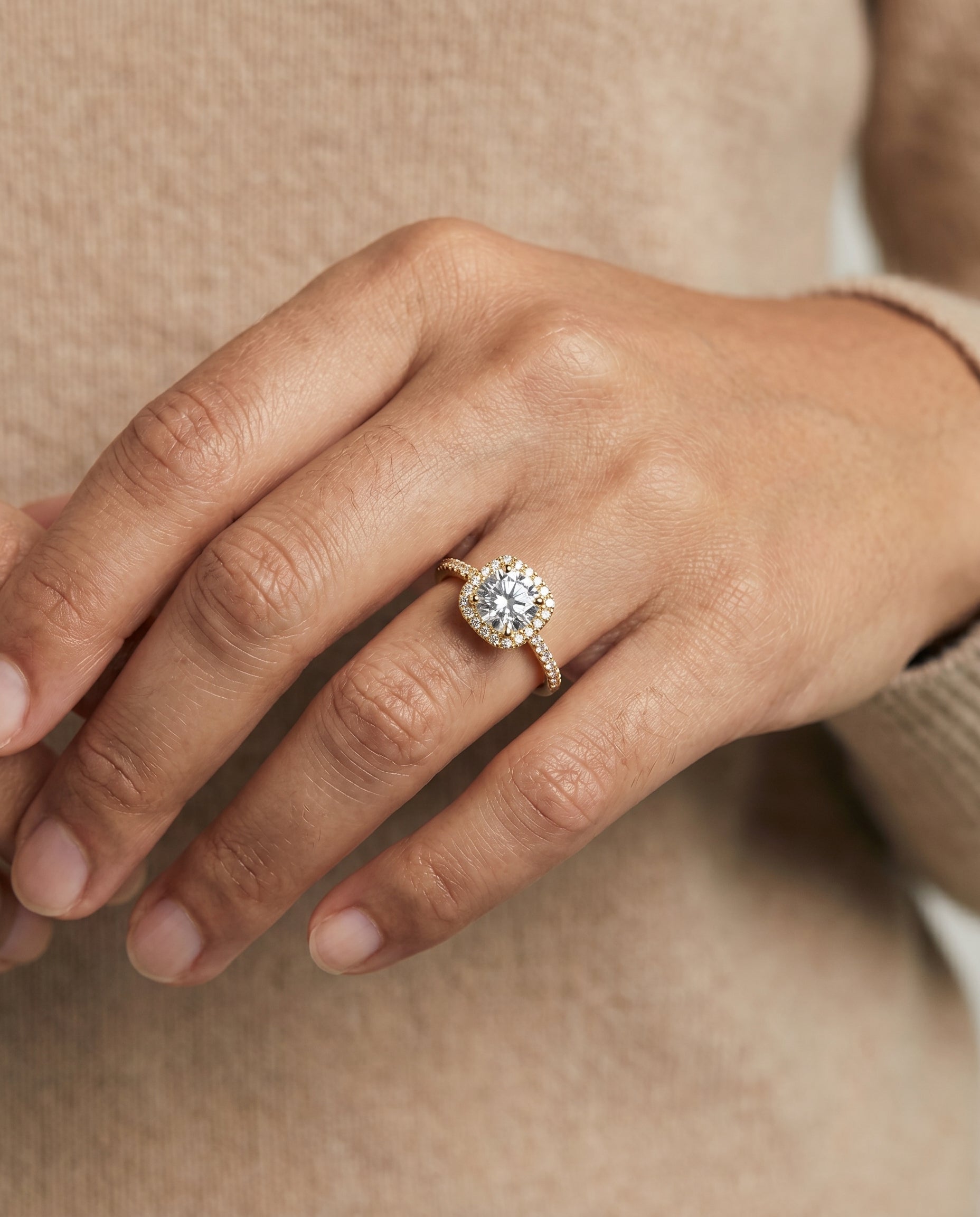 Cosette Select Pavé Halo Round Lab Diamond Engagement Ring in 18K Yellow Gold, shown on hand | RockHer