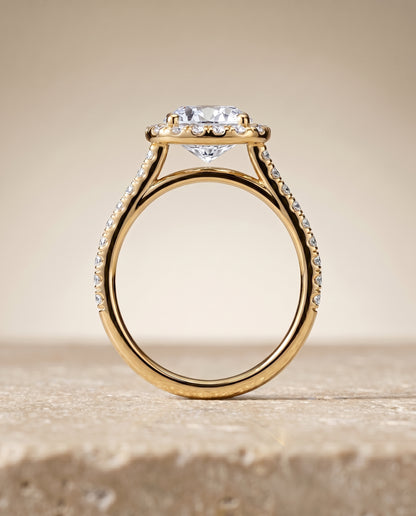 Round Brilliant, Pavé Halo, in 18K Yellow Gold, pave setting – side profile | RockHer