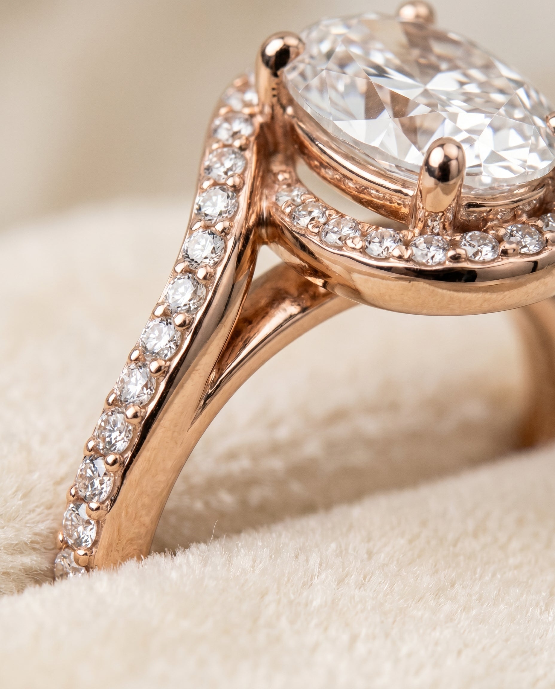 Adelaide Select Pavé Swirl Halo Oval Lab Diamond Engagement Ring in 14K Rose Gold, detail view | RockHer