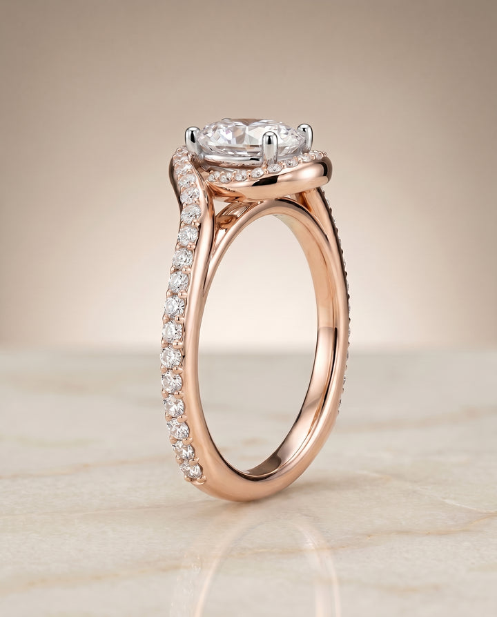 Pavé Swirl Halo Oval, in 14K Rose Gold, pave setting – front view | RockHer