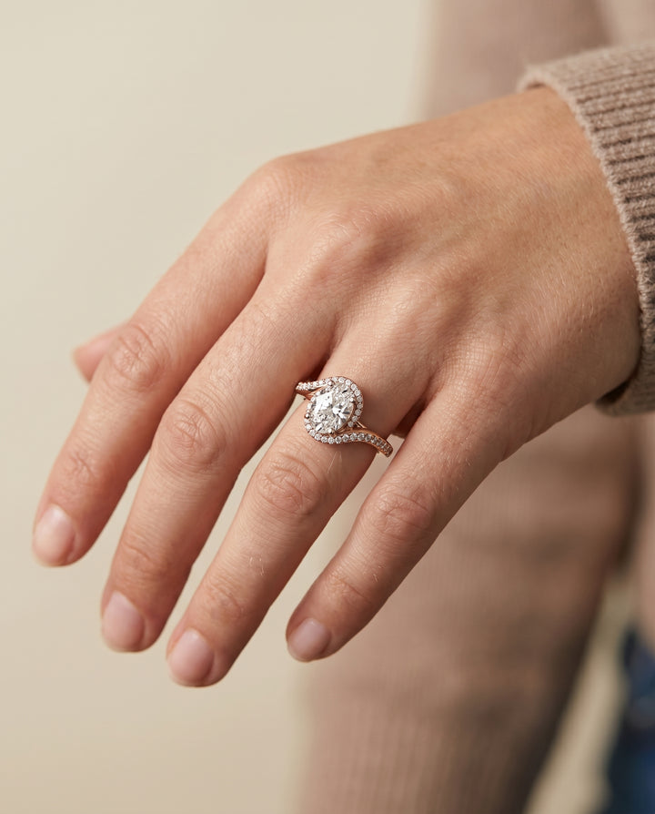 Pavé Swirl Halo Oval, in 14K Rose Gold, pave setting – lifestyle shot | RockHer