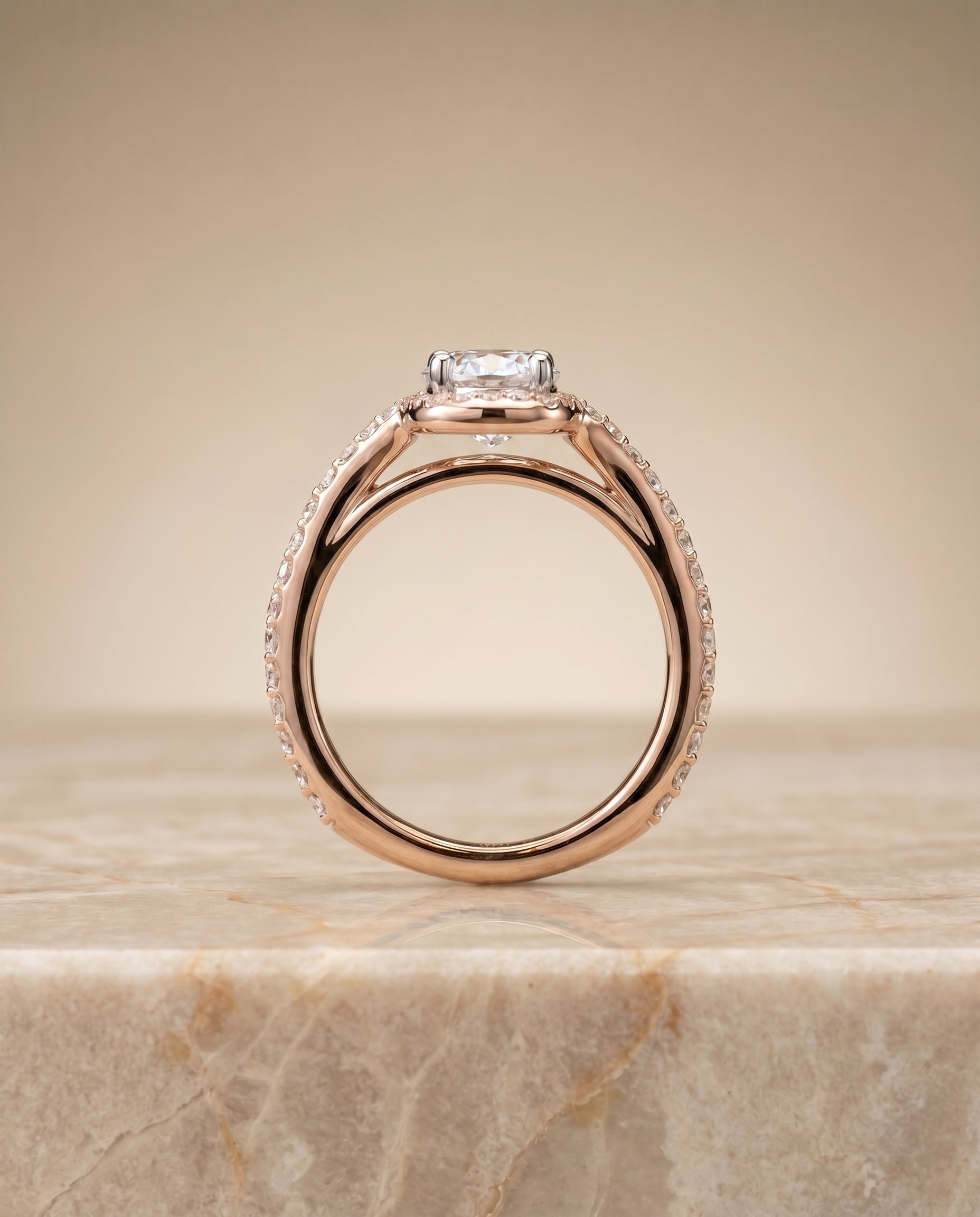 The Adelaide pavé swirl halo engagement ring setting, shown in 14K Rose Gold | RockHer