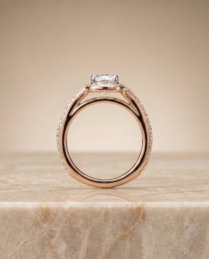 Adelaide Select Pavé Swirl Halo Oval Lab Diamond Engagement Ring in 14K Rose Gold, side view | RockHer