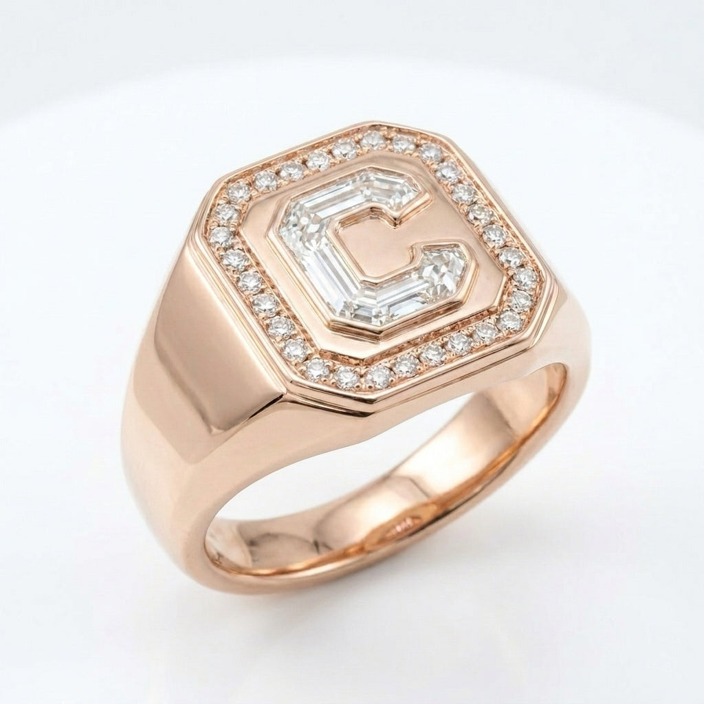 Women's Pavé Border lab-grown diamond letter signet ring in 14K Rose Gold, letter C, product photography