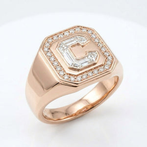 Women's Pavé Border lab-grown diamond letter signet ring in 14K Rose Gold, letter C, product photography