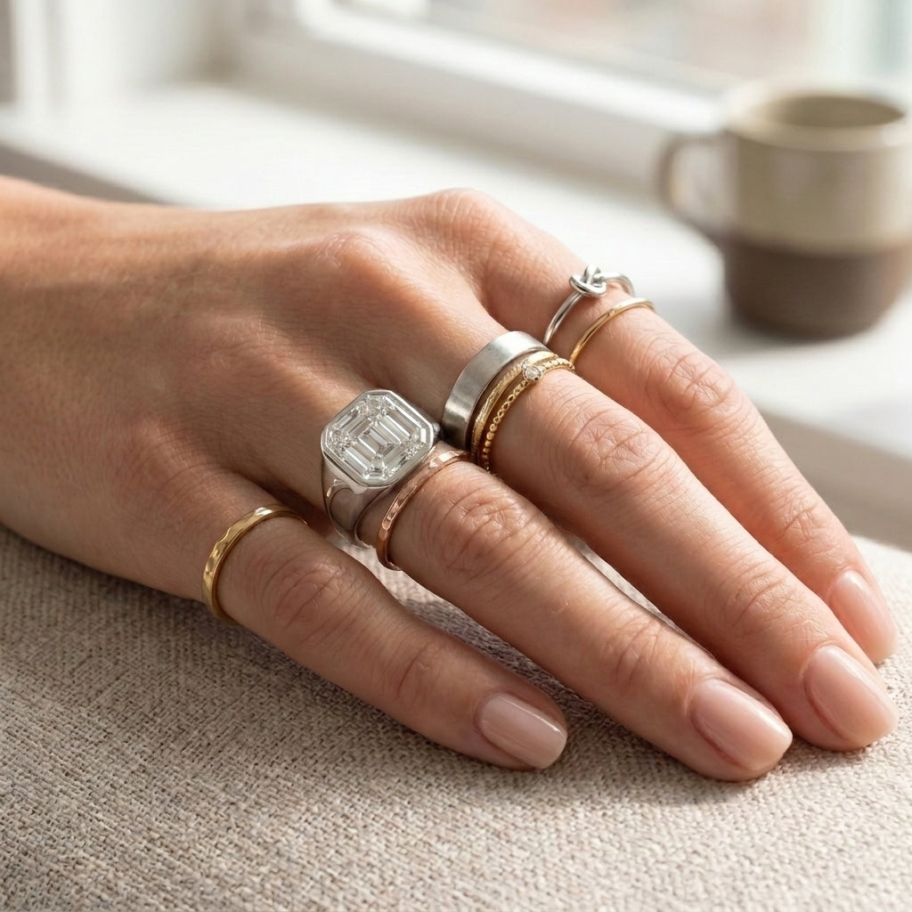 Women's Pavé Border lab-grown diamond letter signet ring in 14K White Gold, letter J, worn on hand