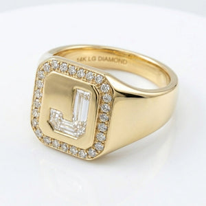 Women's Pavé Border lab-grown diamond letter signet ring in 14K Yellow Gold, letter J, product photography
