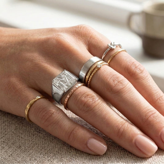 Women's Pavé Border lab-grown diamond letter signet ring in Platinum, letter M, worn on hand