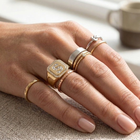Women's Pavé Border lab-grown diamond letter signet ring in 14K Yellow Gold, letter S, worn on hand