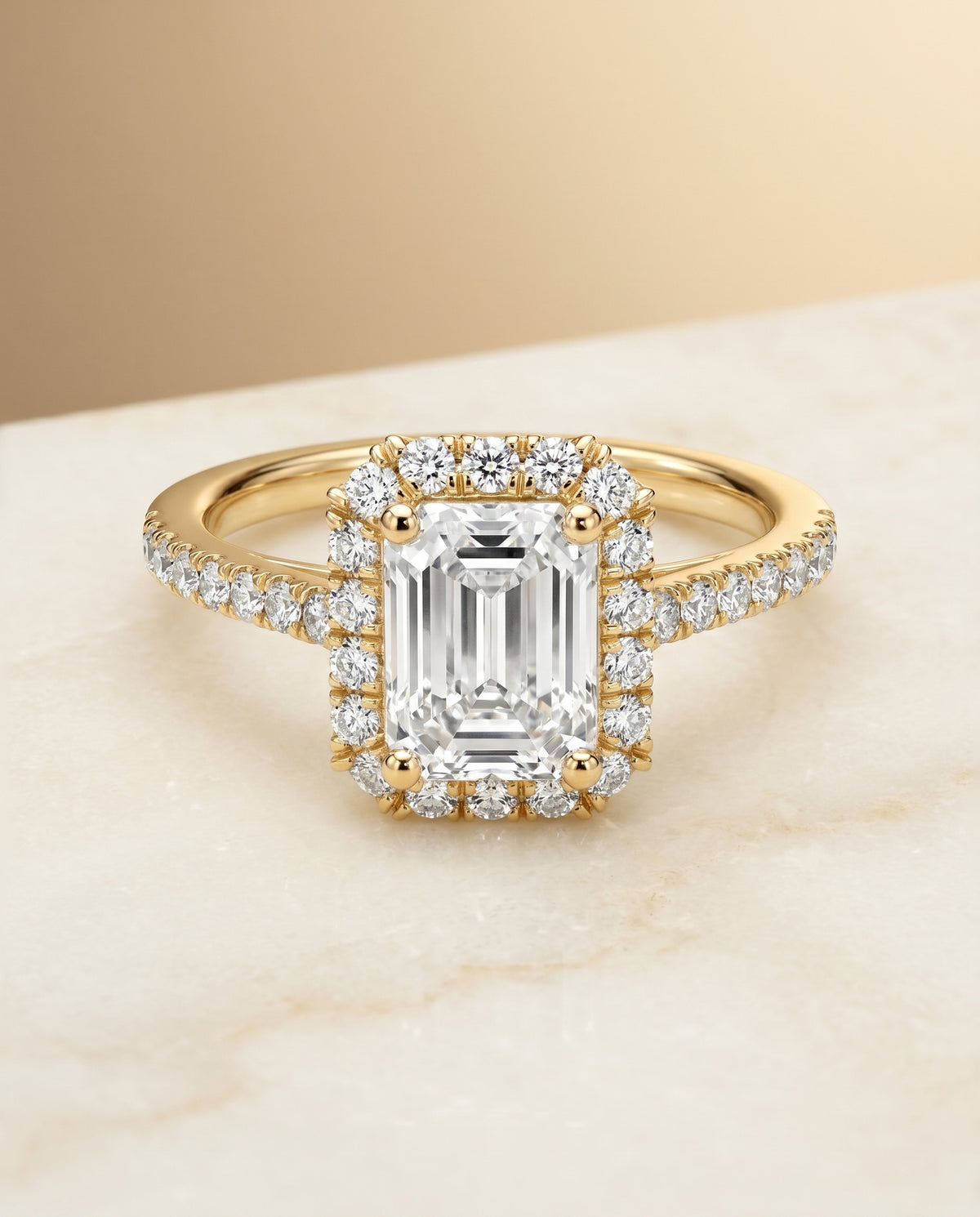 The Dylan Pavé Halo Engagement Ring Setting for Emerald Cut Diamonds in 18K Yellow Gold | RockHer