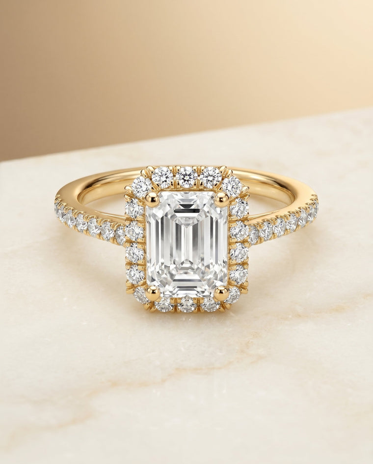 The Dylan Select Petite French Pavé Halo Emerald Cut Lab Diamond Engagement Ring in 18K Yellow Gold