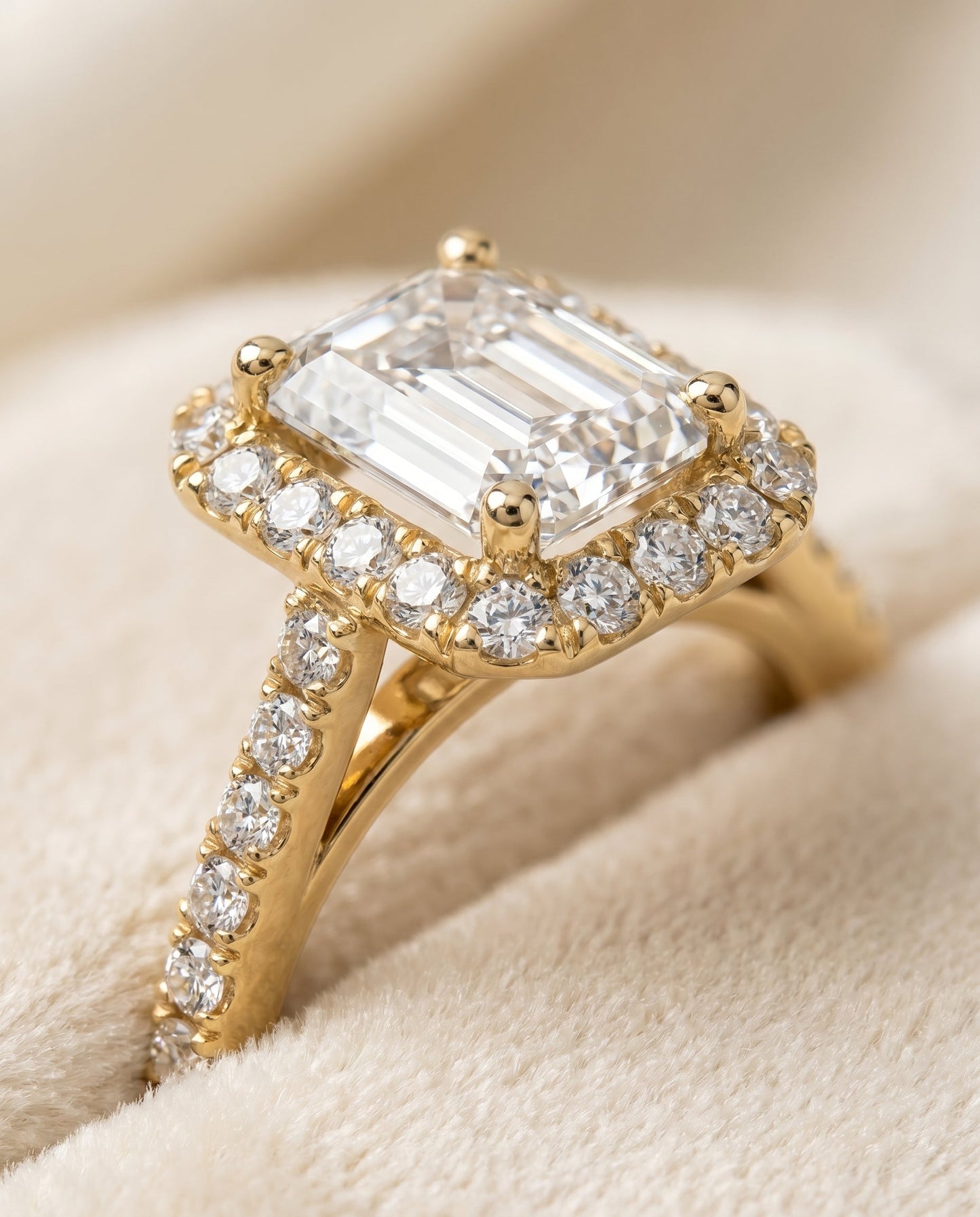 Dylan Select Petite French Pavé Halo Emerald Cut Lab Diamond Engagement Ring in 18K Yellow Gold, detail view | RockHer