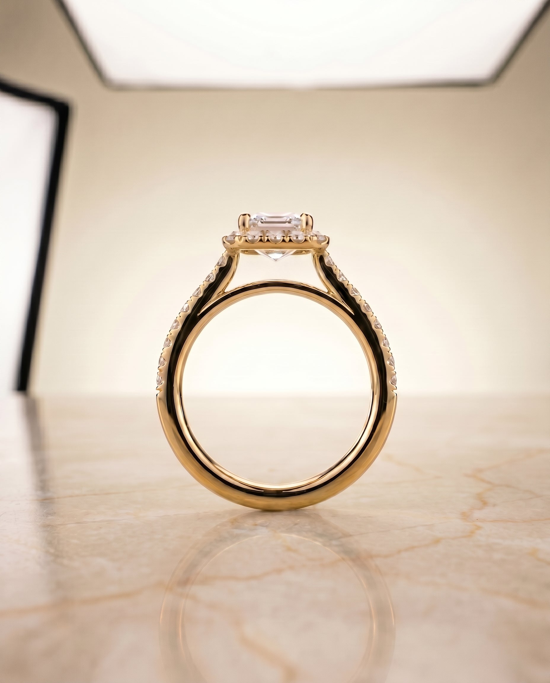 The Dylan petite french pavé halo cut engagement ring setting, shown in 18K Yellow Gold | RockHer